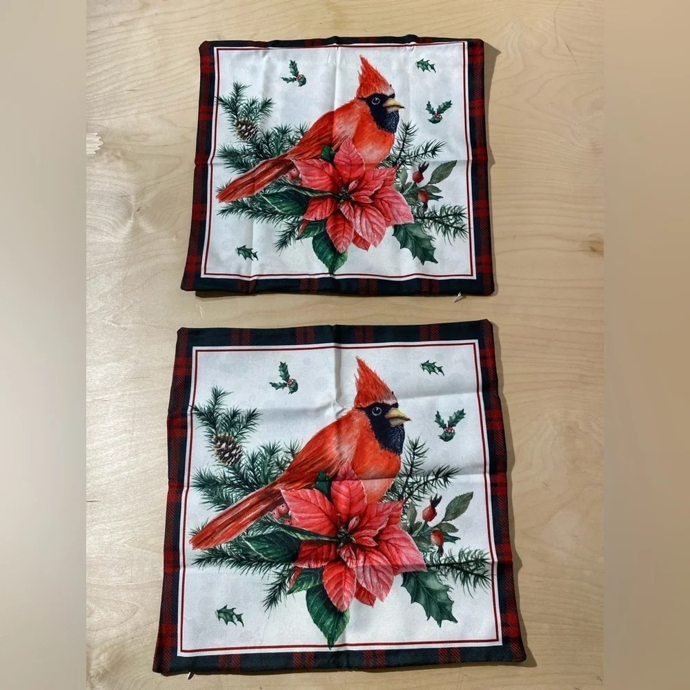 Set of 2 Festive Cardinal Holiday Pillow Covers 17” x 17” - Red and Green (MV)